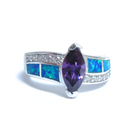 Blue Fire Opal with Amethyst Marquise and CZs Ring - Click Image to Close